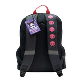 Black backpack with pink skull designs on straps and a purple tag with 'Kuromi' branding. Kuromi from Hello Kitty
